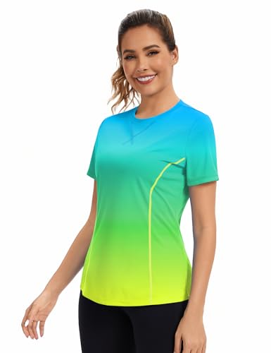 Avoogue Women's Activewear Short Sleeve UV Shirts Moisture Wicking Loose Workout Running Gym Tops Outfits Rashguard(Blue Gradient Yellow,L)