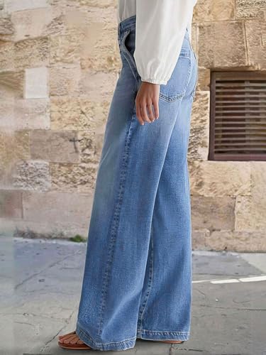 Flamingals Wide Leg Jeans for Women Mid Waist Baggy Stitch Decor Denim Washed Pants Without Belt Mid Blue M