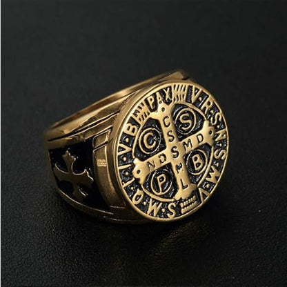MRENITE Personalized 10K 14K 18K Gold Catholic St Saint Benedict Cross Ring for Men Round Pinky Signet Ring Custom Size Engraved Name Religious Gift Ring for Father