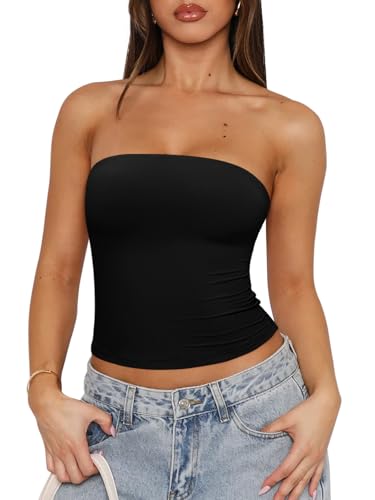 REORIA Women's Strapless Tube Top Double Lined Cute Y2K Backless Bandeau Crop Tnak Tops for Sexy Going Out Outfits Trendy Summer Clothes 2026 Black Small