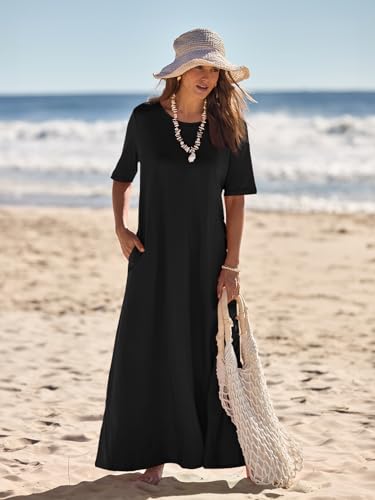 MEROKEETY Summer Casual Maxi Dresses for Women 2026 Vacation Crew Neck Short Sleeve Modest Long T Shirt Dress with Pockets, Black, X-Large