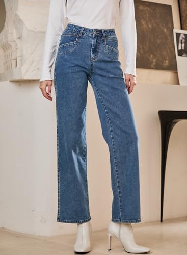 Sidefeel Women's Wide Leg Jeans High Waisted Stretchy Jeans Straight Leg Zimbaplatinum Ankle Denim Pants with Slant Pockets Blue Size 12