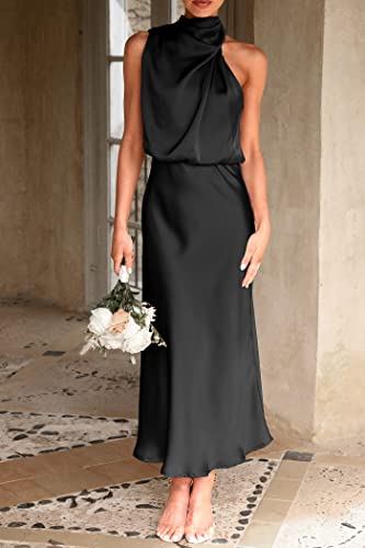 PRETTYGARDEN Women's 2025 Summer Satin Dress Elegant Sleeveless Mock Neck Cocktail Party Maxi Dresses (Black,Large)
