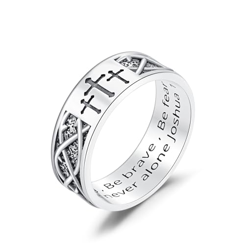 Lattd Cross Ring for Men with Joshua 1:9 925 Sterling Silver Christian Cross Band Rings for Dad Son Size 10