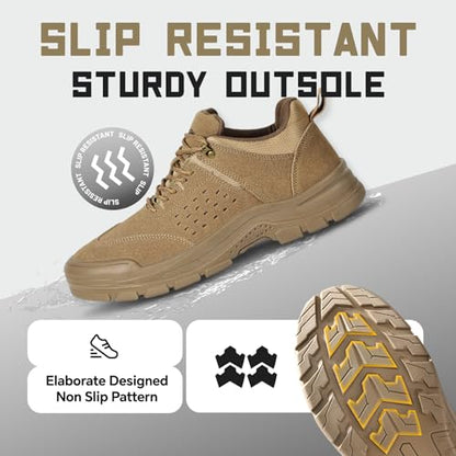 Furuian Steel Toe Shoes for Men Comfortable Lightweight Work Shoes for Men Low Top Steel Toe Safety Puncture Proof Slip Resistant Construction Shoe Brown