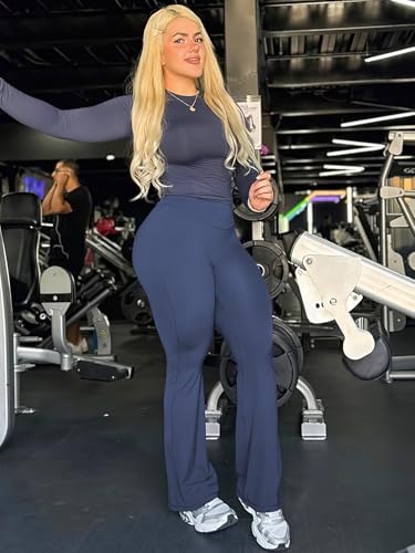 YEOREO Workout Leggings Womens No Front Seam Straight Leggings 31.5" High Waist Buttery Eddiy Gym Yoga Pants Navy Blue S