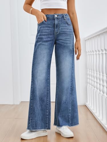 Trendy Queen Women's Wide Leg Jeans, Relaxed Loose Straight Leg with Raw Hem, Comfort Denim Pants Blue 10