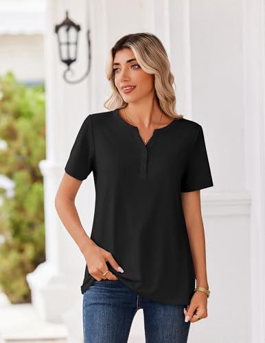 Zeagoo Shirts for Women 2026 Fashion Spring Tops Short Sleeve Henley Shirts Business Work Blouse Tee Clothes Black