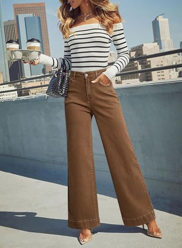 Dokotoo Womens Casual High Waisted Jeans for Women Straight Wide Leg Loose Stretch Denim Pants Brown Size 6