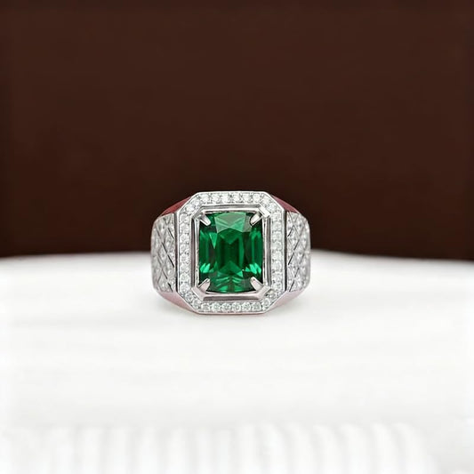 RSYHB 10K 14K 18 Gold Created Emerald Rings for Men 4 CT Gemstone Engagement Rings with Moissanite Jewelry Gift for Him