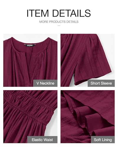 BTFBM Womens Summer 2026 Casual Midi Maxi Dresses Lightweight Short Sleeve V Neck Elastic Waist Boho Beach Dress Pockets(Wine Red, Large)