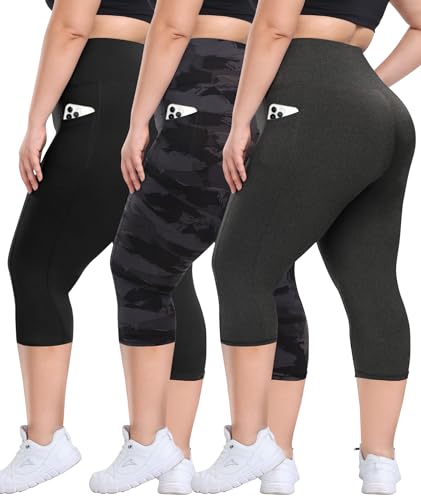 Syrinx 3 Pack Plus Size Leggings with Pockets for Women - High Waisted Tummy Control Spandex Soft Black Workout Yoga Pants