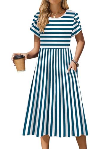 Zeagoo Women Summer Short Sleeve Midi Dress with Pockets Casual Aline Flowy Tshirt Dress Floral Vocation Beach Sundress