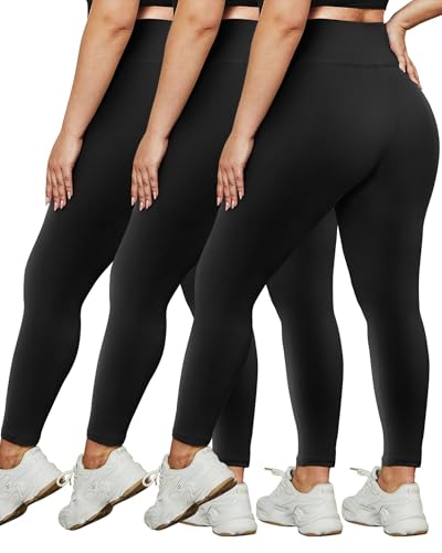 HLTPRO 3 Pack Plus Size Leggings for Women(X-Large - 4X)- High Waist Stretchy Soft Pants for Workout Running Yoga Black/Black/Black