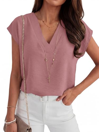 ANRABESS Women Tops Cap Sleeve Dressy Casual V Neck Shirts 2026 Summer Business Work Blouses Outfits Trendy Spring Clothing Dusty Rose Large