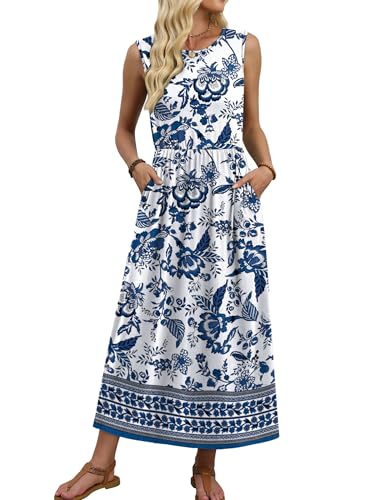 Dresses for Women 2026 Elegant Classy Maxi Summer Dresses Beach Vacation Outfits Spring Clothes Ethnic Floral Blue Sundresses with Pockets M