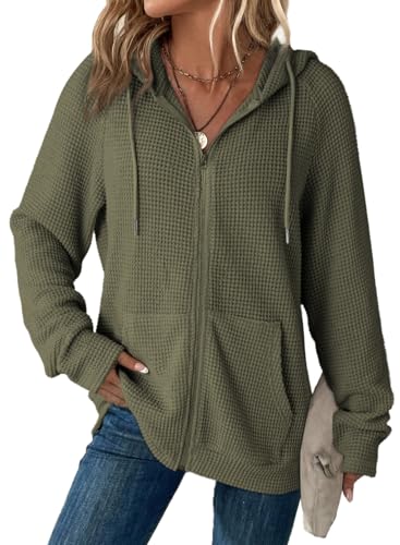 Dokotoo Womens Casual Plus Size Full Zip Up Hoodies Long Sleeve Solid Hooded Sweatshirts Waffle Knit Pockets Jacket Coat for Women 2026 Fall Fashion Outfits Green XXLarge