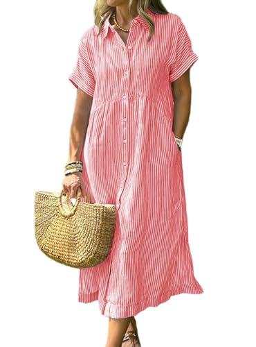 chouyatou Women's Summer Striped Midi Long Shirt Dress Casual Loose Short Sleeve Button Down Dress