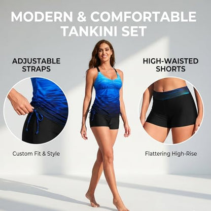 Tempt Me Two Piece Tankini Swimsuits for Women Tummy Control Bathing Suit with Shorts Athletic Swimwear Blue Gradient L