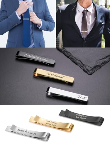 Zysta Free Engraving - Personalized Custom Mens High Polished Stainless Steel Tie Bar Pinch Clip for Regular Ties 2.12 Inch, Silver, Black, Gold + Gift Box