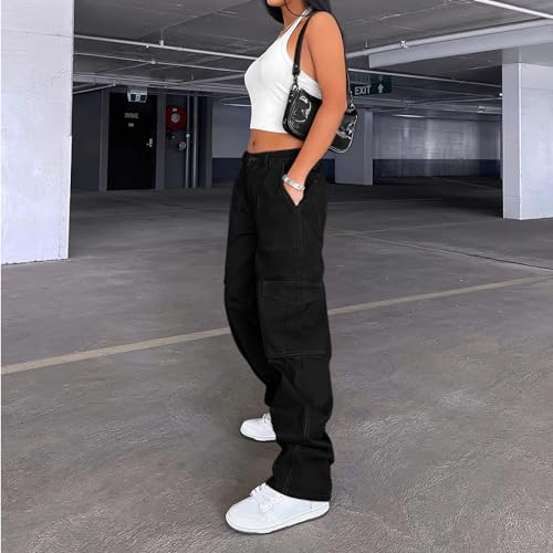 Lepunuo Cargo Pants for Women High Waisted Casual Pants Baggy Stretchy Wide Leg Y2K Streetwear with 6 Pockets Black