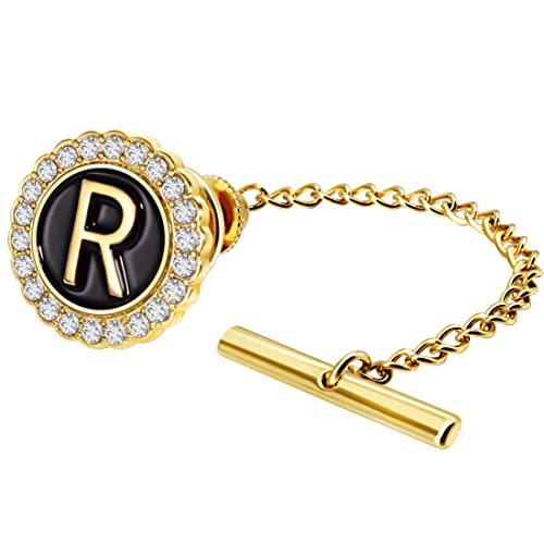 HAWSON Men's Tie Tack With Chain, Gold Initial Tie Pin, Crystal Lapel Pin Accessories