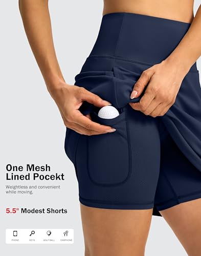 SANTINY 18" Skorts for Women 3 Pockets High Waist Long Athletic Tennis Skirt Golf Skort for Casual Summer Travel (Navy_M)