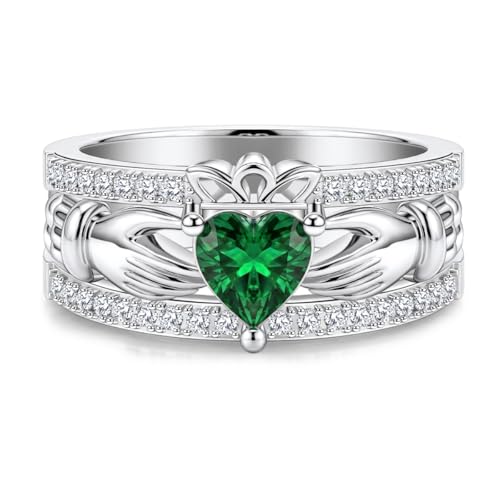 LYTTMAB Claddagh Ring For Men, Lab Created Green Emerald Sterling S925 Silver Irish Celtic Knot Ring Men's Wedding Band Promise Engagement Ring Size 9