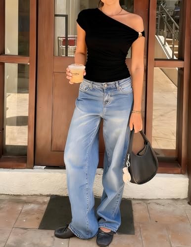 ZESICA Women's 2026 Summer Off Shoulder Tops Going Out Sexy Y2k Shirts Spring Fashion Cap Sleeve Ruched Asymmetrical Blouses, Black, S