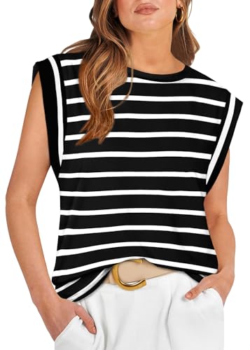 WIHOLL Plus Size Tops for Women Summer Outfits for Women Black and White Striped T Shirt 2026 Beach Vacation Clothes Essentials Fashion Clothing Business Casual Outfits Cruise Spring Tops 2XL