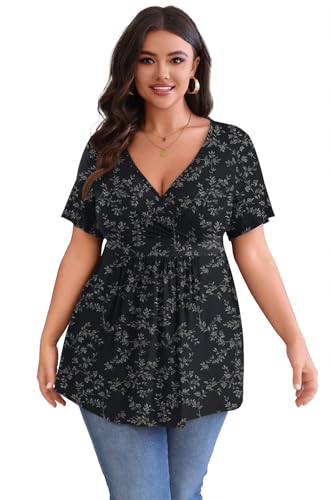 POSESHE Plus Size Tops for Women Short SleevesCasual Blouses Tunic Tops Plus Fashion Soft Tunic Tops,Black White Floral,3XL