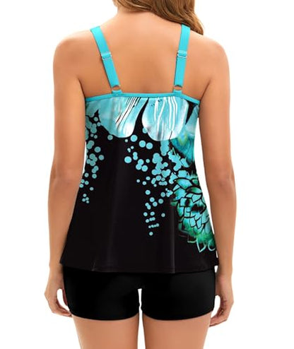Full Coverage Swimsuits for Women Adjustable Straps Flowy Tankini Sets Sun Protect Bathing Suits Blue Floral X-Large