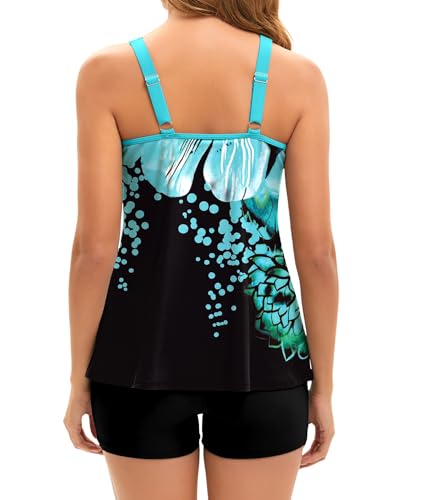 Full Coverage Swimsuits for Women Adjustable Straps Flowy Tankini Sets Sun Protect Bathing Suits Blue Floral X-Large
