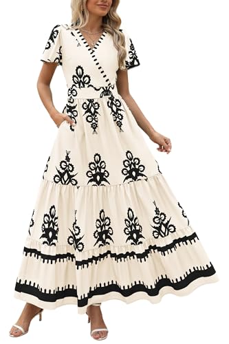 PRETTYGARDEN Womens 2026 Summer Casual V Neck Boho Maxi Dress Flowy Aline Bell Sleeve Tiered Floral Dresses with Pocket (Floral Apricot Black,Medium)