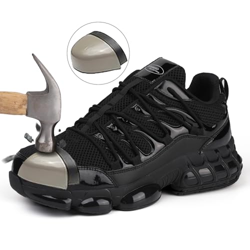 LIANGGO Steel Toe Shoes for Men Women Composite Toe Safety Work Non Slip Industrial Air Cushion Tennis Sneakers Black 38.5