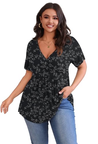 POSESHE Plus Size Tops for Women Short SleevesCasual Blouses Tunic Tops Plus Fashion Soft Tunic Tops,Black White Floral,3XL