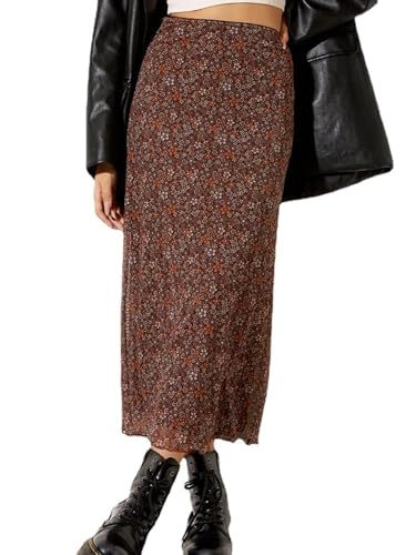 Avanova Women's Ditsy Floral High Waisted Skirts Lettuce Trim Summer Fall Boho Midi Skirt A Brown Medium