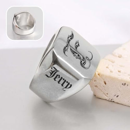 MOTICIUS Personalized Signet Rings for Men Women Engraved Ring Custom Initial Ring Mens Rings Customized Memorial Gifts for Father Husband Boyfriend Teacher (Square Silver)