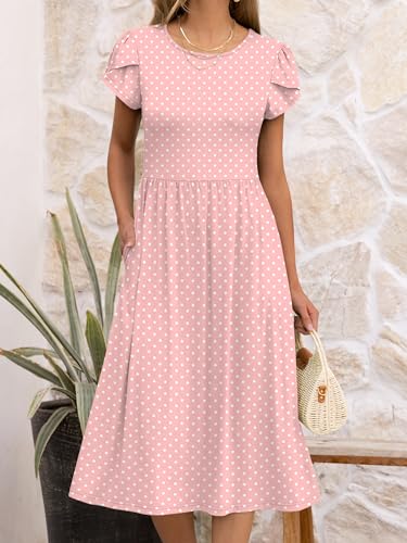 ANRABESS Women's Summer Short Sleeve A-Line Midi Dresses Casual Floral T-Shirt Dresses Flowy Beach Sundress with Pockets Pink Round Dot Medium