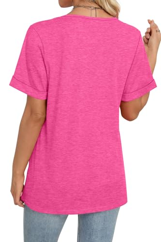WIHOLL Summer Tops for Women Dressy Casual Short Sleeve Shirts V Neck Loose Fit Basic Cute Tops for Women Trendy Vacation Outfits Hot Pink XL