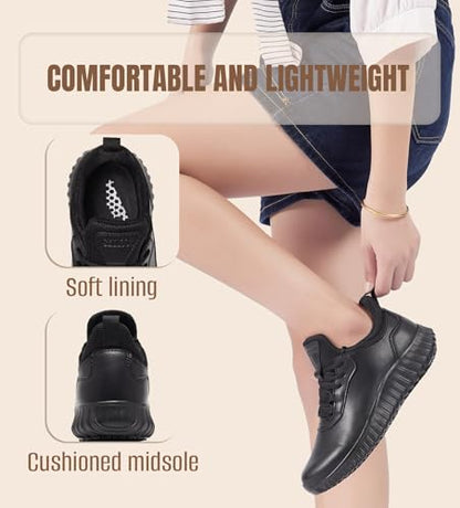 SHULOOK Non Slip Work Shoes for Women Food Service Water Resistant Sneakers Waterproof Kitchen Chef Restaurant Lace Up Walking Lightweight Comfortable Nursing Working Footwear Black Size 7.5