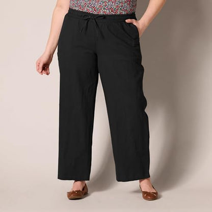 Amazon Essentials Women's Pull On Linen Blend Drawstring Relaxed Fit Wide Leg Pant, Black, Medium