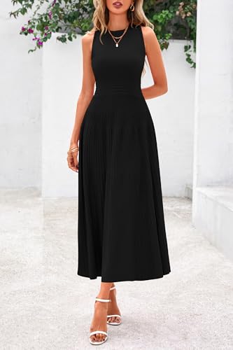 PRETTYGARDEN Spring Casual Dresses for Women 2026 Summer Business Work Midi Sleeveless A Line Pleated Cocktail Dress(Black,Small)