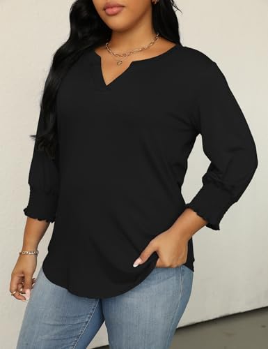 TFSDOD Plus Size Tops for Women Trendy 3/4 Length Sleeve Womens Tops Loose Fit Dressy Blouses V Neck Shirts Summer Outfits for Women Black 2X