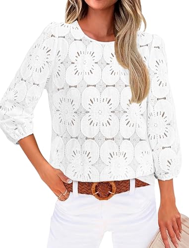 Sampeel Womens Tops 3/4 Length Sleeve T Shirts Spring Summer Tops 2026 Trendy Western Outfits Lace Dressy Casual Blouses Ladies Beach Vacation Clothes Boho Fashion Clothing Winter White M