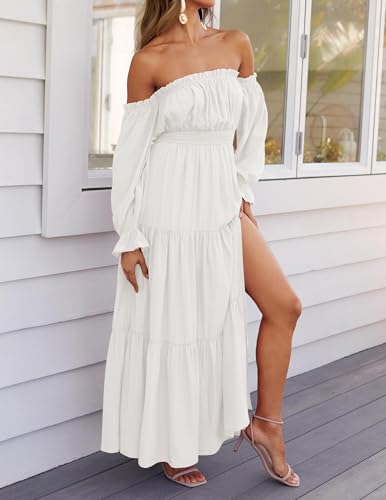 ZESICA Women's Boho Off Shoulder Spring Long Sleeve Dress 2026 High Waist Side Split Sexy Flowy A Line Long Maxi Dresses White Medium