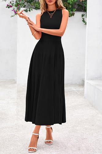 PRETTYGARDEN Spring Casual Dresses for Women 2026 Summer Business Work Midi Sleeveless A Line Pleated Cocktail Dress(Black,Small)