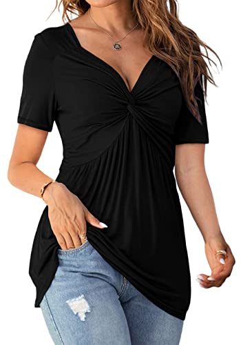 Tankaneo Womens Front Knotted V-Neck Blouse T Shirt Short Sleeve Oversized Tunic Tops Summer Solid Pullover Tees
