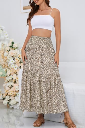 PRSFPN Women's Boho Maxi Skirt Floral Printed Smocked High Waist Long Skirts with Pockets Flowy Ruffle A-Line Summer Beach (Khaki Floral, Small)