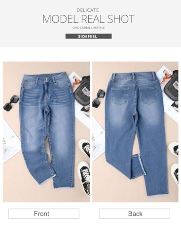 Sidefeel Women's High Waisted Tummy Control Jeans Trendy 2025 Straight Leg Raw Hem Denim Pants Sky Blue Size 18